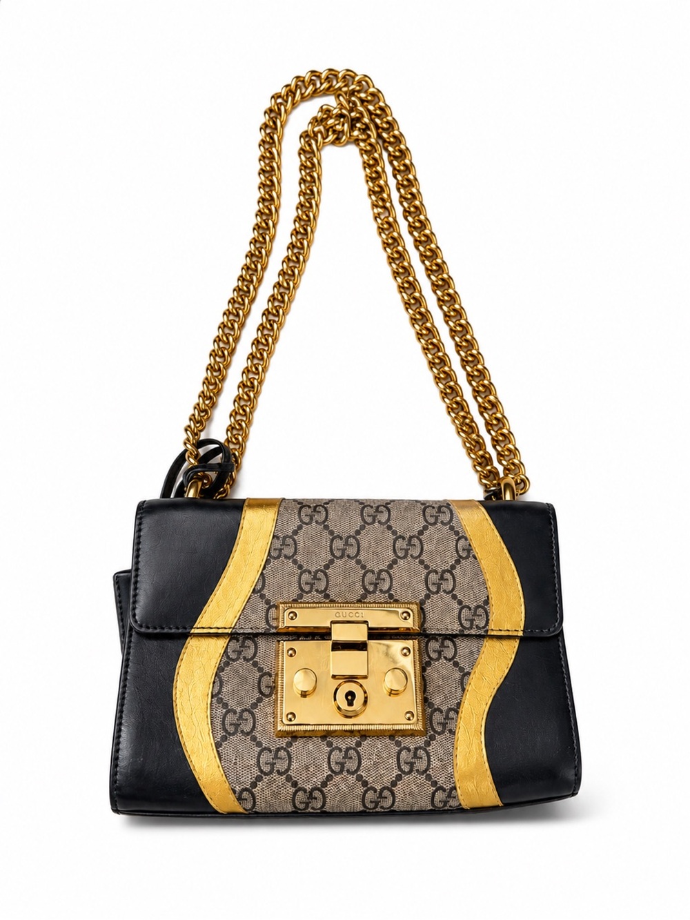 Gucci Black Leather GG Canvas Shoulder Bag with Gold Trim and Chain